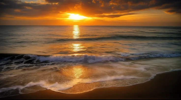 arafed view of a sunset over the ocean with waves, which shows a beach at sunset, sunset at the beach, the most beautiful sunset, beach sunset background, sunset on the beach, golden sunset, on the beach during sunset, at the beach on a sunset, golden hour...