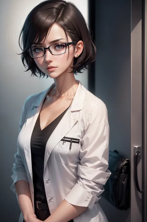 8k realistic image of pretty female doctor, 32 years old, short hair, wearing eyeglasses, wearing a white lab coat and black shirt underneath, holding scissors, annoyed expression, in doctors office, anime style artwork