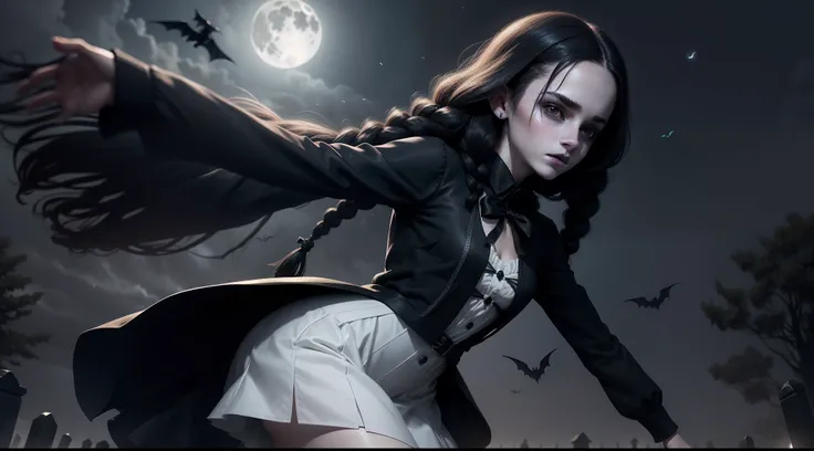 teen Emma Watson, black hair, twin braids, slender, small breasts, pale skin, white face, lifeless face, black lipstick, black sheath dress, midnight background, nightmare before Christmas cemetery, full moon lighting, bats flying around,