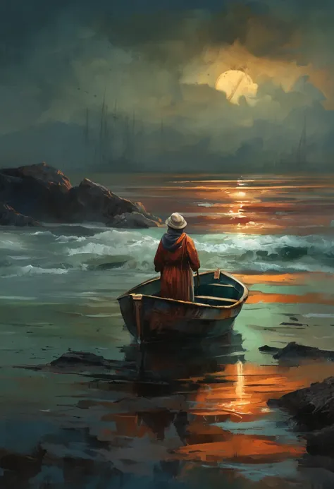 "(mestre em pintura da ilha misteriosa, Enigmatic and gloomy scenery, Small solitary fishermans boat with brave woman, turbulent and deep waters)"