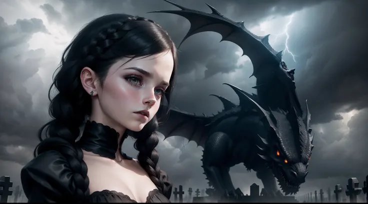 teen Emma Watson, black hair, twin braids, slender, small breasts, pale skin, white face, lifeless face, black lipstick, black sheath dress, nightmare before Christmas cemetery, huge dragon in sky, storm clouds, thunder and lightning