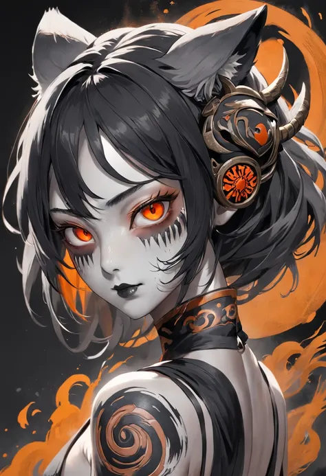 Black and gray realistic tattoo art of tiger with (((orange eyes))) alf Hannya mask style+ half kitsune+black woman on right side, illustrator, 0mib, masterpiece, high quality, black and gray, monochrome, 8k, high resolution, high detail, japanese, samurai...