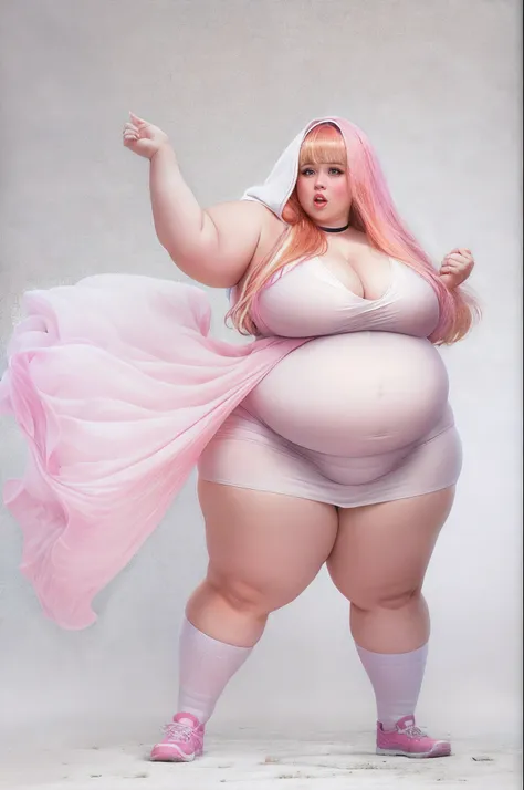 Fat woman, saggy big boobs, saggy belly, throwing junk foods in photography  depth feild style,tight dress, large ass, 1girl,  fat shoulders, very long hair, masterpiece, best quality shoes, full body, posing for a picture, beautifully color-coded, socks, ...