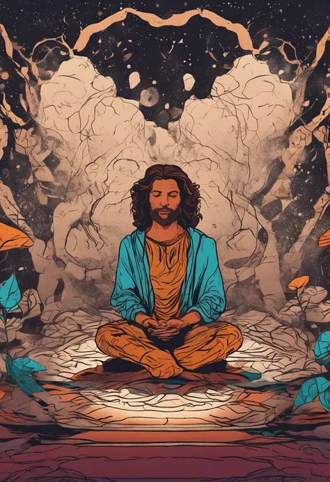 A cinematic figure in meditation, surrounded by natural elements and lighting symbols, transmitindo a ideia de profundidade, Self-conscious reflection