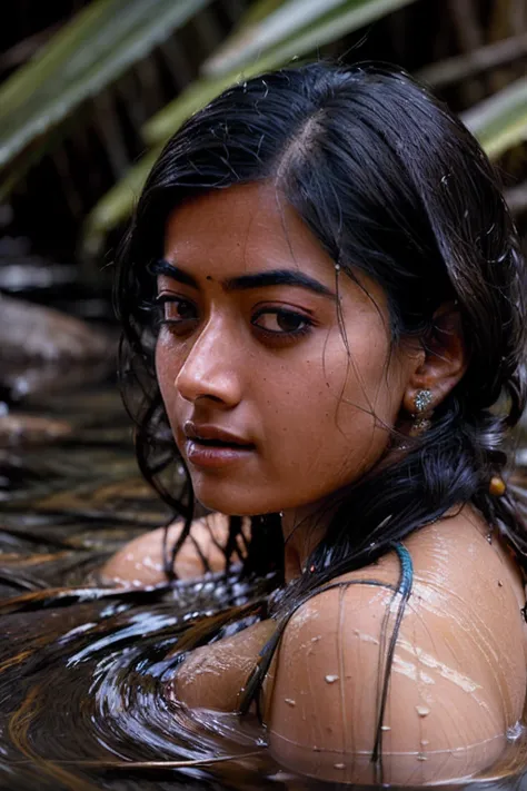 close up portrait of a cute woman (rashmika) bathing in a river, reeds, (clear water), naked body, (backlighting), realistic, ma...