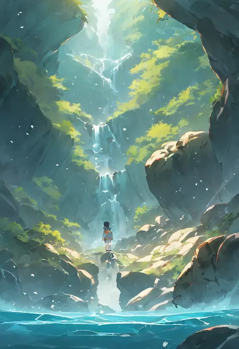 A boy with his back to an avalanche，Calmly holding a fish tank，The scene inside the fish tank is a view of mountains, rivers and seas，anime big breast