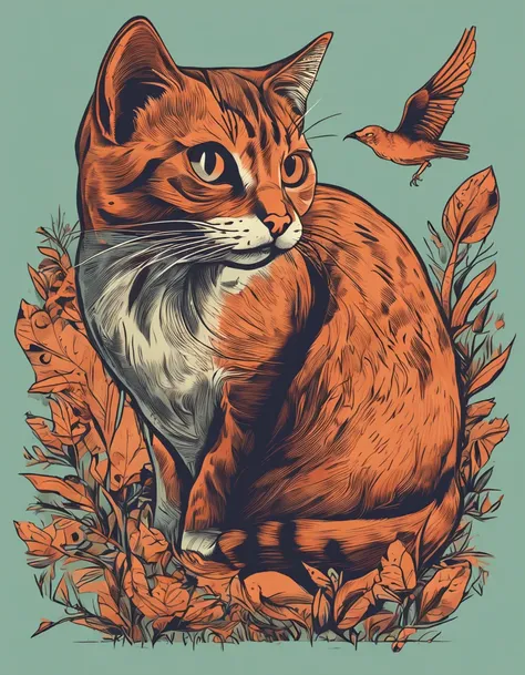 Cat Hunting Bird Design Poster