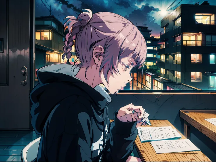 An anime girl wearing a hoodie,((1girl:1.4)), messy hair, studying in her room, sitting at her desk, looking at something, winter night, (2d illustration:1.2), Nanakusa Nazuna | Yofukashi no Uta,(1girl:1.3), ((chill vibes)), night, ((sideview:1.4))