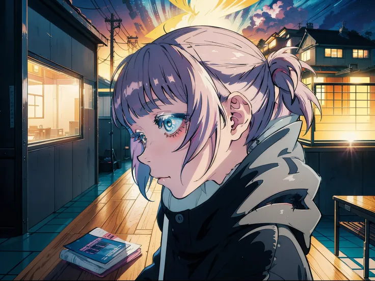 An anime girl wearing a hoodie,((1girl:1.4)), messy hair, studying in her room, sitting at her desk, looking at something, winter night, (2d illustration:1.2), Nanakusa Nazuna | Yofukashi no Uta,(1girl:1.3), ((chill vibes)), night, ((sideview:1.4))