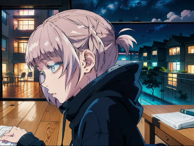 An anime girl wearing a hoodie,((1girl:1.4)), messy hair, studying in her room, sitting at her desk, looking at something, winter night, (2d illustration:1.2), Nanakusa Nazuna | Yofukashi no Uta,(1girl:1.3), ((chill vibes)), night, ((sideview:1.4))