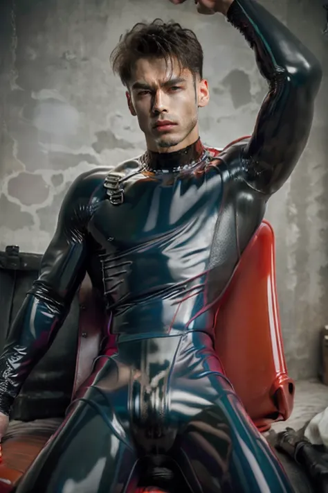 A male，Vampires，Muscular body，large muscle，fully body photo，Lie down in bed，latex jumpsuit， latex shiny, latex legwear，latex glove，Wear latex clothing, wearing tight suit, Smooth pink skin, catsuits, Wearing latex, shiny plastic, shiny metallic glossy skin...