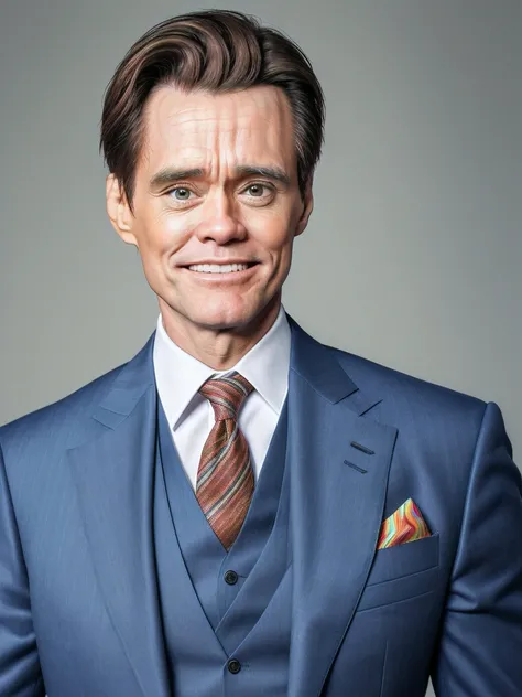 ((um homem, inspirado em Jim Carrey)), (com traje de terno social estilo advogado),  Fotorealista, Autorretrato realista, imagem real, pele humana realista,