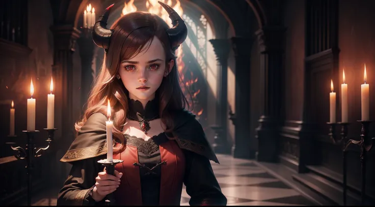 teen Emma Watson as a demon, dark red glowing eyes, high definition, detailed, intricate, goat horns, holding a sword, standing in front of a dark alter with flames all around. candles everywhere