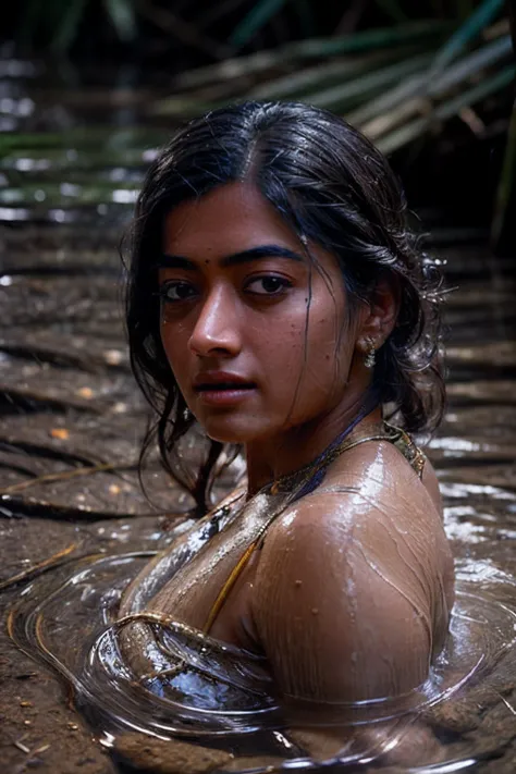 close up portrait of a cute woman (rashmika) bathing naked in a crystal clear river, reeds, (backlighting), realistic, masterpie...