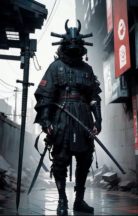 Best quality, stunning full body portrait of a young Japanese geisha assassin, dressed in cyberpunk techwear, an urban samurai aesthetic, a photorealistic masterpiece, carefully lit with a soft box, {{{holding two katana swords}}}, Beautiful Body art (yaku...