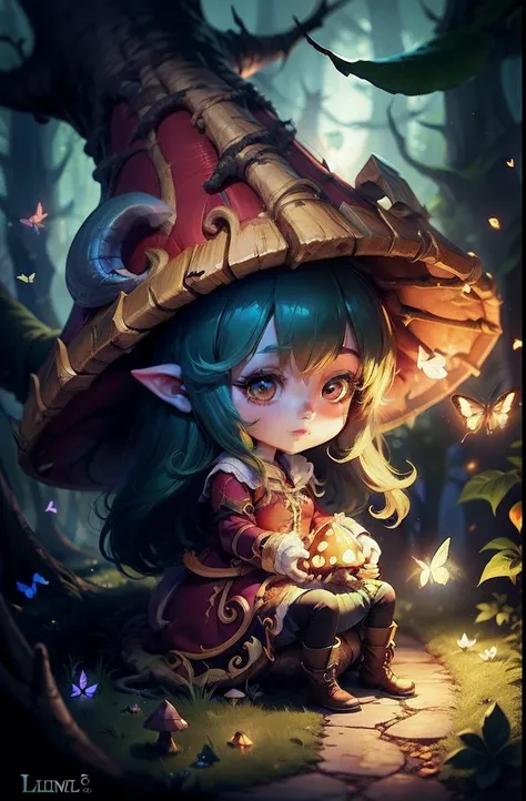 lulu /(league of legends), cute girl, siting in a mushroom, butterflies, shine in dark forest