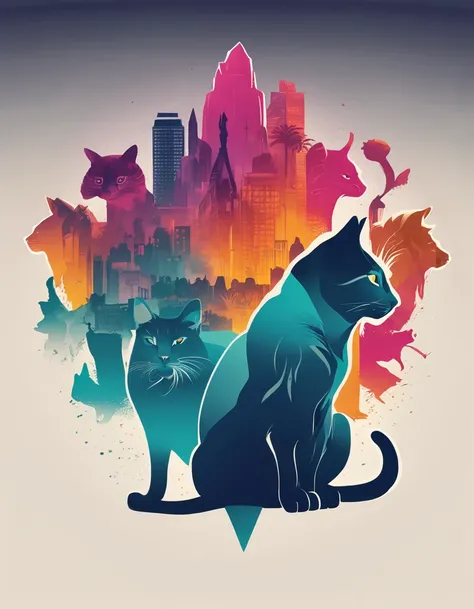 Design poster of silhouettes of various animals combined into a complete cat silhouette