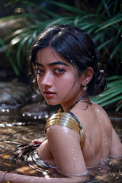 close up portrait of a cute woman (rashmika) bathing naked in a crystal clear river, reeds, (backlighting), realistic, masterpie...