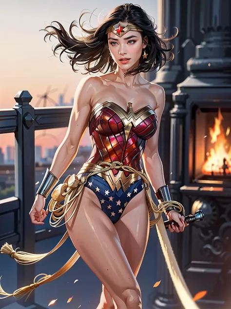 Wonder Woman holding a beer bottle, Masterpiece, Candid Photo, Wonder Woman, (delicate details, makeup), (delicate and beautiful delicate face, delicate and beautiful delicate eyes, face with perfect proportions), (delicate and radiant skin: 1.2), delicate...