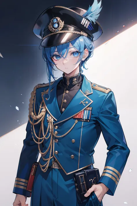 1hombre, eyes with long eyelashes, Gorra azul marino, Anime style, muchacho, Traje blanco de marines, estilo militar, cabello azul oscuro, pelo corto, high resolusion, ultrasharp, 8k, Obra maestra