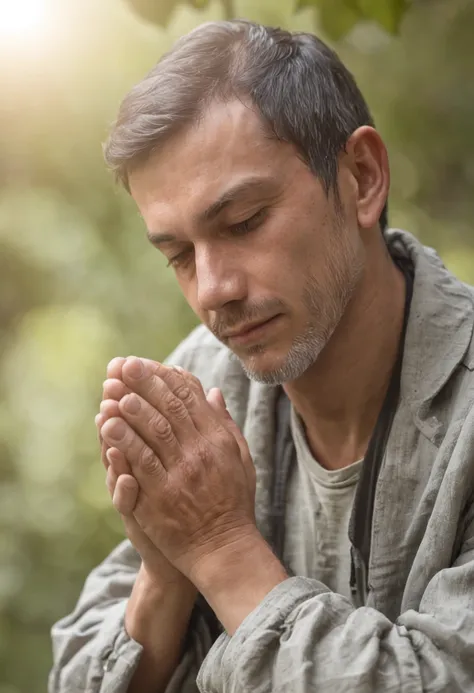 Imagine um jovem homem, ajoelhado em um jardim, with hands clasped to his chest, In prayer, highlighting his expression of gratitude and hope.  Descreva o semblante tranquilo, bem realista,  and the reverent posture of his hands, conveying a deep connectio...