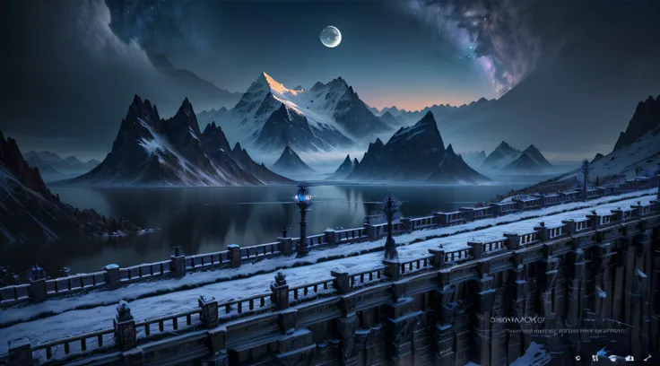 mountains and a lake with a moon in the sky, 4k highly detailed digital art, 4 k hd wallpaper very detailed, impressive fantasy landscape, sci-fi fantasy desktop wallpaper, unreal engine 4k wallpaper, 4k detailed digital art, sci-fi fantasy wallpaper, epic...