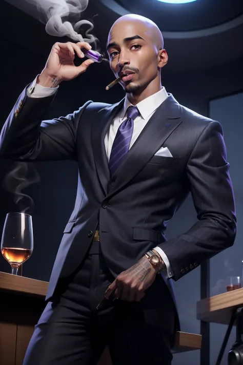 a man
 like Tupac Shakur wearing black striped suit, bald head, black leather dress shoes, holding glass of wine, smoking cigar, wearing headphones, in large dark recording studio, light blue and purple neom lights