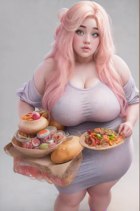 Fat woman, saggy big boobs, saggy belly, throwing junk foods in photography depth feild style,tight dress, large ass, 1girl, fat shoulders, very long hair, masterpiece, best quality shoes, full body, posing for a picture, beautifully color-coded, socks, ...