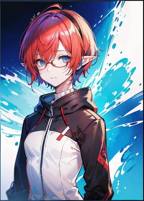 (((headshot))) (((Masterpiece))), best quality, ultra-detailed CG unity 8k wallpaper (1girl:1.3) ((androgynous female)) ((short red pixie cut hair)), ((blue eyes)), ((black glasses)) ((elf ears)) (soft smile) (red hoodie)