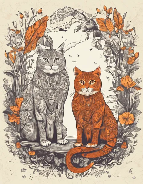 Cat & Wildlife Design Poster, Ultra HD quality, Extremely delicate, Rich in color, Wildlife communities, Light with dramatic effect, Dense woods, Natural light, Highlighted protagonist owl, Other wildlife surrounds the surroundings, Surrounded by flowers a...