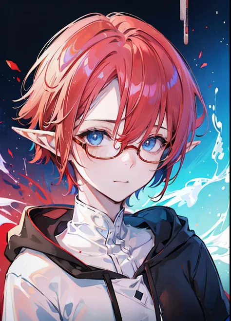 (((headshot))) (((Masterpiece))), best quality, ultra-detailed CG unity 8k wallpaper (1girl:1.3) ((androgynous female)) ((short red pixie cut hair)), ((blue eyes)), ((black glasses)) ((elf ears)) (soft smile) (red hoodie)