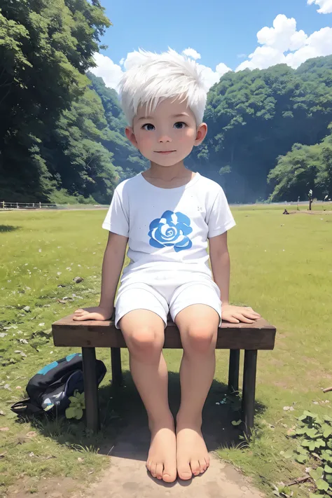 4k), little boy with white hair and barefoot and white clothes small tiny feet, he sits on a giant pillow on a field, which is c...