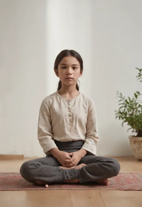 Generate a captivating and emotionally resonant image featuring a serene 12-year-old girl practicing meditation within a tranquil, neutrally adorned room illuminated by soft, diffused natural light. The girl is comfortably seated on the floor, her eyes gen...