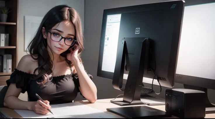 imagem extremamente realista e minimalista de uma mulher, seios pequenos Decente, delicado, intellectual working in an office with focused expression with a faint smile in front of just a monitor with his hands on a keyboard