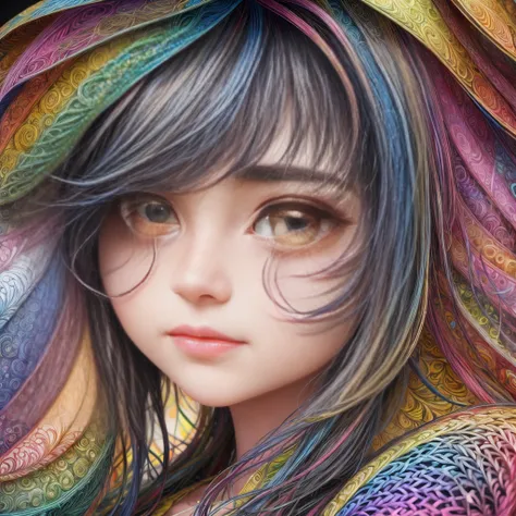 Rainbow Colors theme，paper art，masutepiece，3d rendered，ighly detailed, in autumn，1girll, closing eye，ssmile，cabelos preto e longos，lilies, (Zentangle:1.2), (Geometry:1.2)，cinematic lighting effect，4K, colourfull, profile