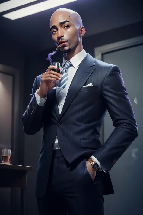 a man
 like Tupac Shakur wearing black striped suit, bald head, black leather dress shoes, holding glass of wine, smoking cigar, wearing headphones, in large dark recording studio, light blue and purple neom lights