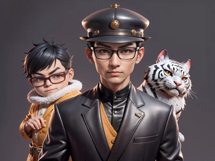 Young man with oriental face in leather hat, tiger, oriental face in formal suit, short black hair, silver glasses, digital painting, 3D character design by Mark Clairedon and Pixar and Hayao Miyazaki and Akira Toriyama, the illustration is a high-definiti...