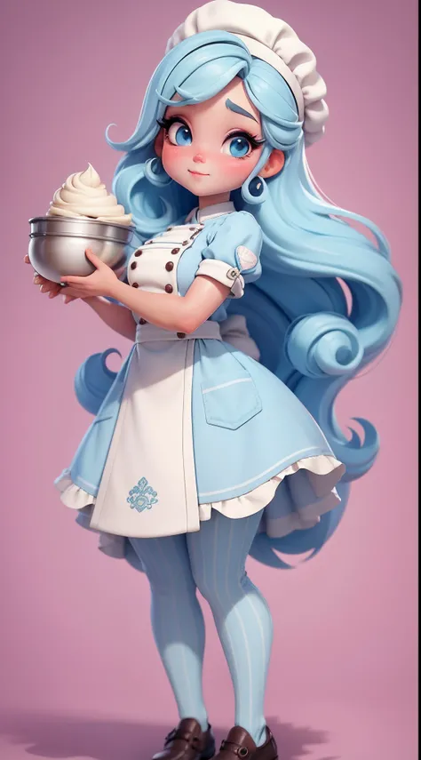 Create a series of chibi-style dolls with a cute pastry chef theme, each with lots of detail and in an 8K resolution. All dolls should follow the same solid background pattern and be complete in the image, mostrando o (corpo inteiro, incluindo as pernas: 1...