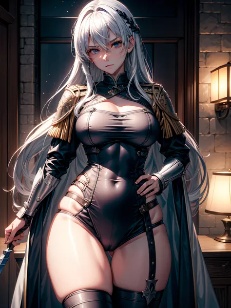 battle maiden, kinky, exposed abs, blue military uniform, white hair, trails of cold steel, cold steel, nihon falcom, aurelia le guin, hot, absurdres, high res, ultrasharp, 8K, masterpiece, looking at viewer, nsfw