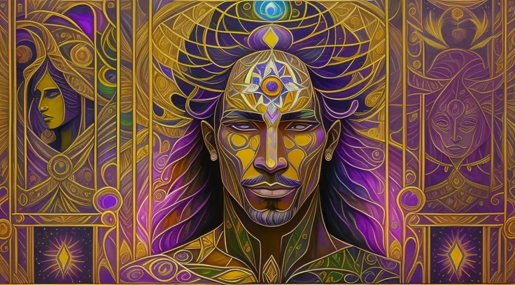 a painting of a man with a head full of gold and purple, art deco shaman, portrait of a digital shaman, digital visionary art, deus rei da arte ai, visionary art style, dmt ego da morte, psychedelic organic cyborg, simetria!! Retrato de Ciborgue, epic sham...