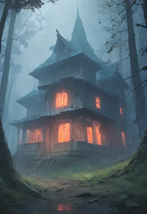 In the enchanted forest, there was an abandoned house in the middle of a lot of fog. gray colors, Broken windows and doors, lurking mysteries. scary.