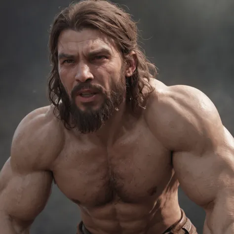 (Professional 3D rendering:1.3) de (Realistic:1.3) Foto de arte mais bonita do mundo，Features soft, bright male heroes, ((Epic hero fantasy rough muscular man wet hero angry look long hair short beard and fierce expression in dynamic pose, fantastic locati...