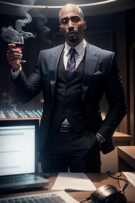 Tupac Shakur wearing black striped suit, bald head, black leather dress shoes, holding glass of wine, smoking Cuban cigar, wearing headphones, in large dark recording studio, light blue and purple neom lights