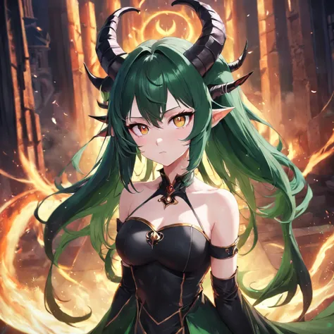 Anime - style image of a woman with horns and green eyes, beautiful succubus, Sukkubus im engen kurzen Kleid, demon anime girl, Sukkubus | mittelalterlich, Sukkubus, Shadowverse-Stil, 2. 5-D-CGI-Anime-Fantasy-Kunstwerk, Goddess of the Underworld, a very be...