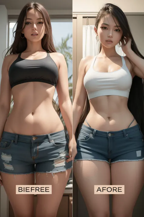 there are two pictures of a woman with a very large stomach, skinny waist and thick hips, bra and shorts streetwear, photo of slim girl model, model with attractive body, photo of slim girl, perfect female body, photorealistic perfect body, sport bra and s...