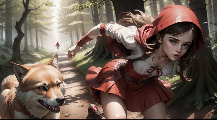 teen Emma Watson as little red riding hood running through the forest chased by a ferocious wolf