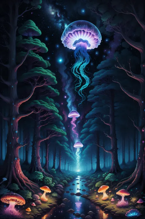 jellyfish swimming in a pine forest with magic mushrooms, starry sky and nebulae, digital art, psychedelic theme, vivid colors, saturated colors