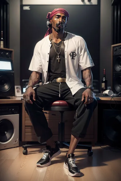 Tupac Shakur usando terno preto listrado, sapatos de couro preto, holding glass of wine, fumando charuto cubano, usando headphones, in a large recording studio