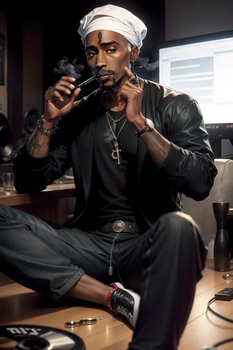 Tupac Shakur usando terno preto listrado, sapatos de couro preto, holding glass of wine, fumando charuto cubano, usando headphones, in a large recording studio