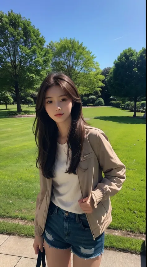 masutepiece, Best Quality, Ultra-detailed, Realistic face, 1girl in, long brown hair, Wearing a jacket, Shorts、a park、lawn、blue-sky